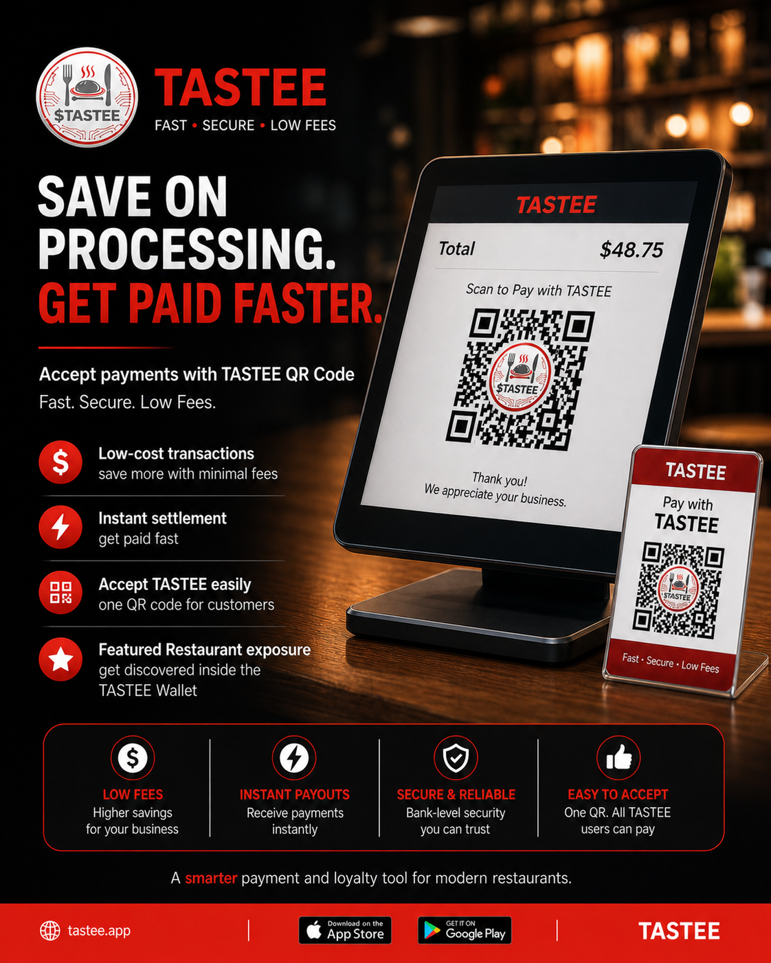 Tastee POS counter system with QR payment screen