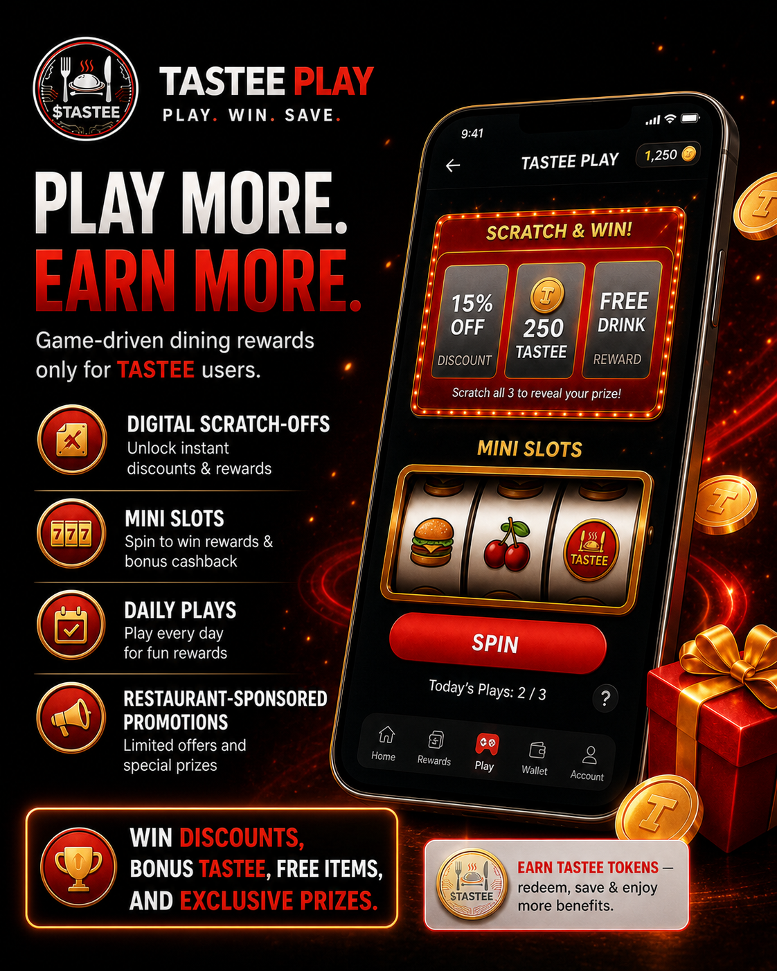 Tastee Play app showing scratch-and-win and mini slots