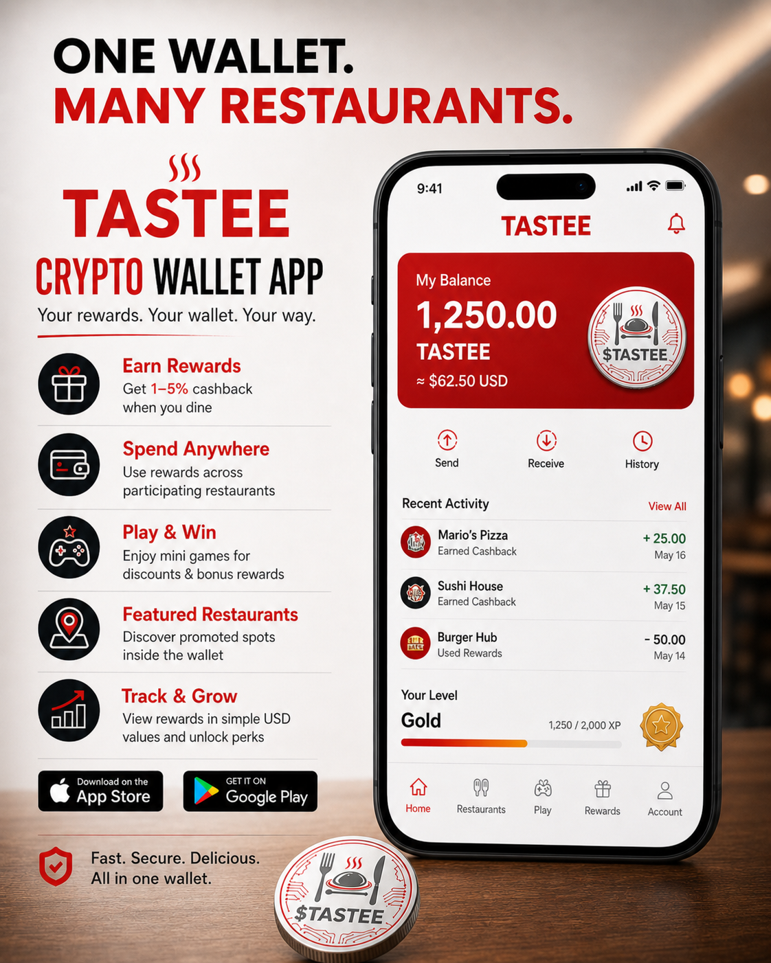 Tastee Wallet app showing diner balance and rewards
