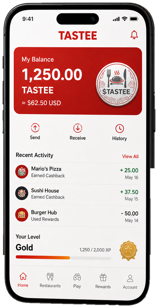 Tastee Wallet app on a phone showing balance and recent activity